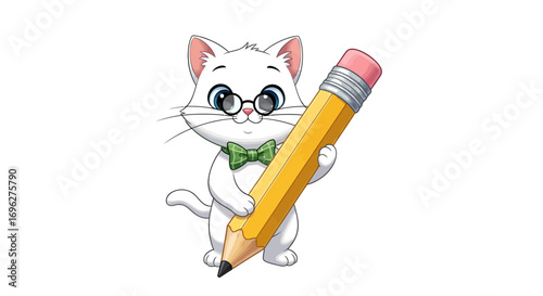 A cute, white cartoon kitten with glasses and a green bow tie holding a large yellow pencil.