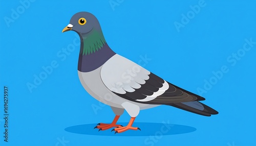 Cartoon pigeon illustration on a vibrant blue background