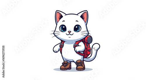 Cute white cartoon cat carrying a red backpack and wearing hiking boots, ready for an adventure.