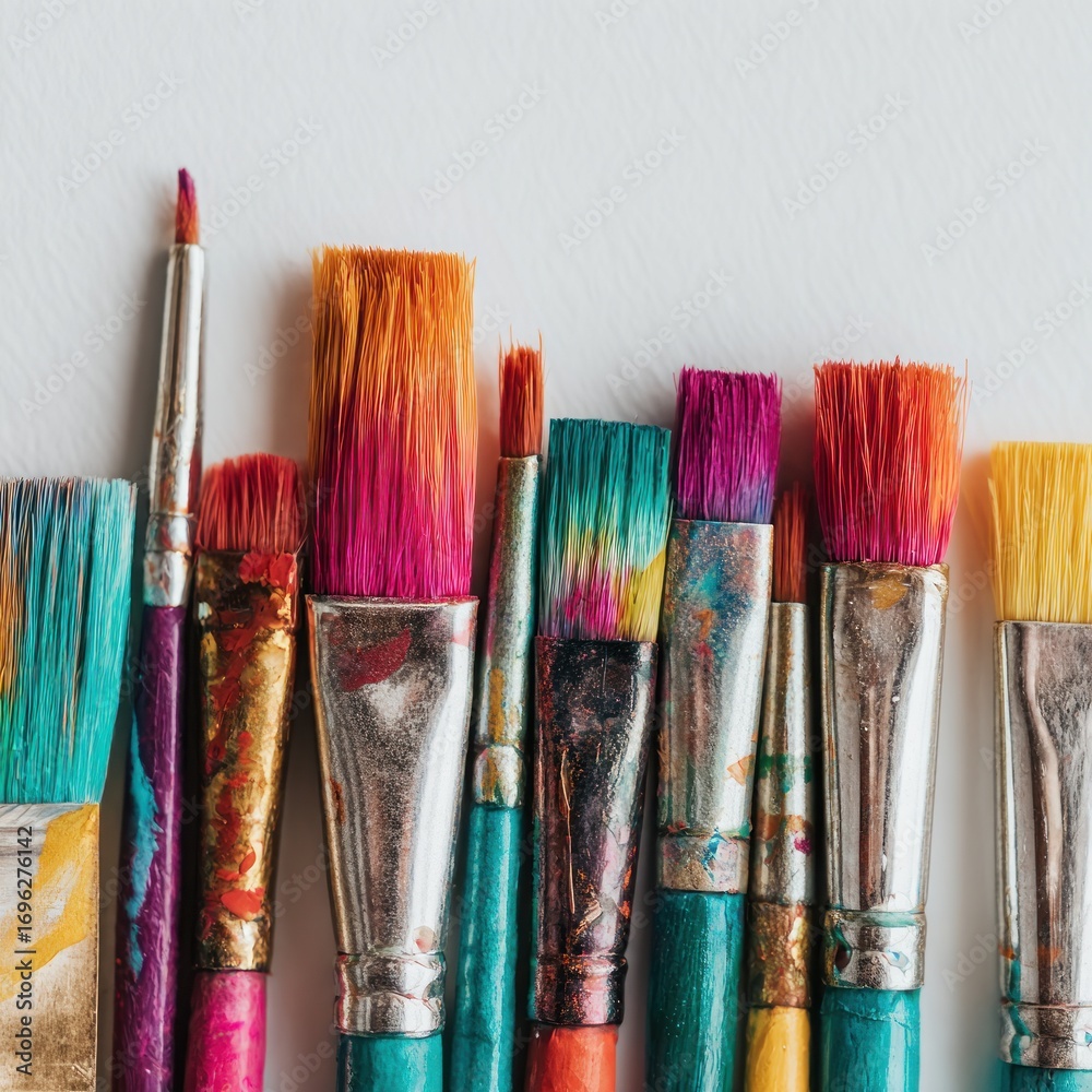 Fototapeta premium A row of paintbrushes with colorful paint on bristles, against a textured white background, close-up shot