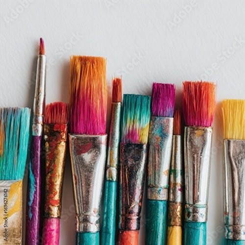 A row of paintbrushes with colorful paint on bristles, against a textured white background, close-up shot