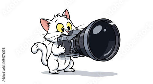 Cartoon cat holding a camera with a large lens, ready to take a picture.