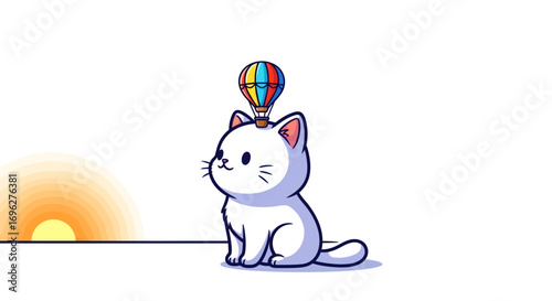 Cute white cartoon cat with a colorful hot air balloon on its head looking at a sunset.