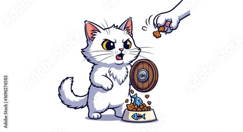 A white cartoon cat is displeased while being offered treats, standing in front of a food bowl overflowing with fish.