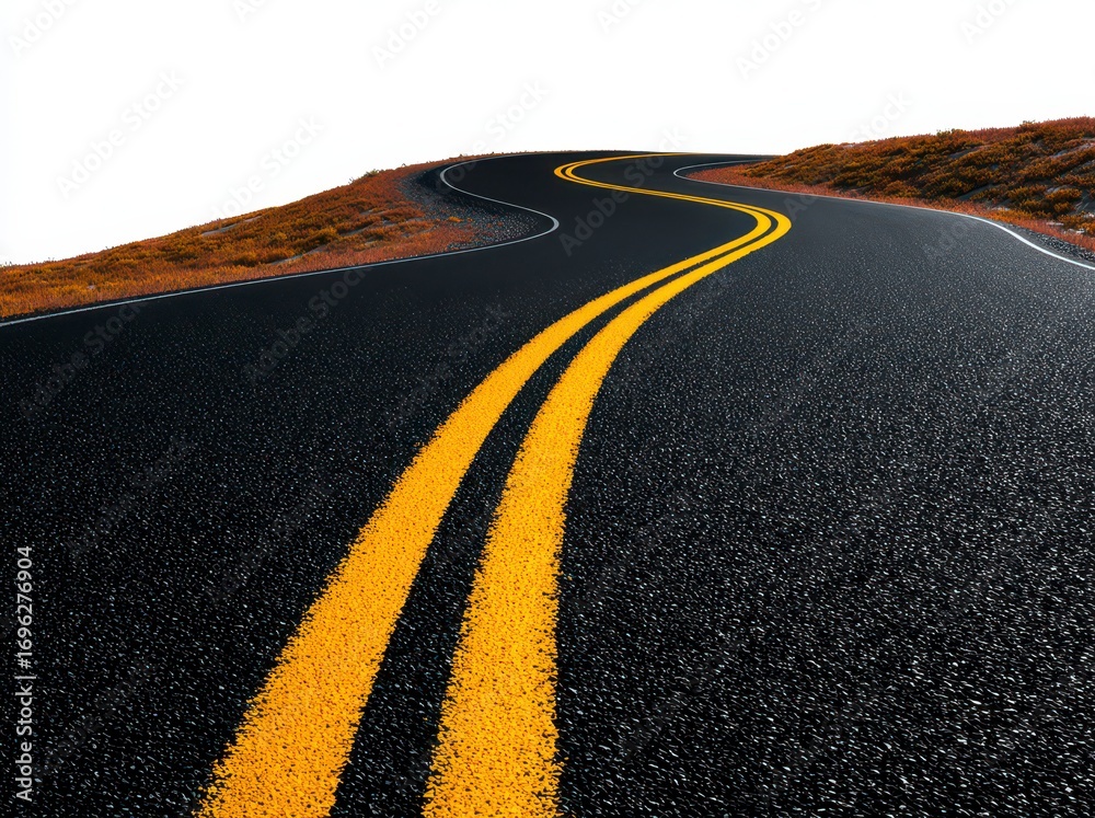 Fototapeta premium Winding asphalt road with yellow lines ascends a hill