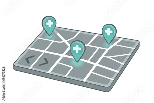 Healthcare location pins on digital map with glowing markers