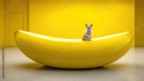 A corgi sits happily atop an oversized banana sculpture in front of a bright yellow wall. Minimalist