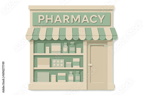3d paper cut pharmacy storefront with vintage medicine display and classic awning design