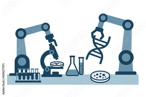 Futuristic lab: robotics and science icons in a neon glow