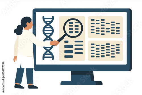 Scientist analyzing dna data on computer screen with magnifying glass