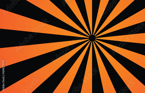 Orange and black sunburst pattern, emanating from a central point, creating a dynamic design