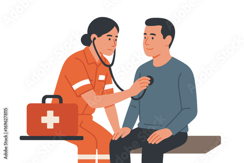 Paramedic checking patient's heartbeat with stethoscope in modern scene