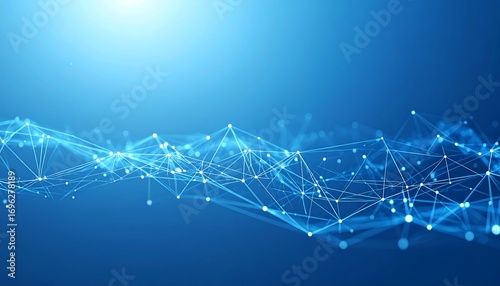 Abstract, stylized digital network representation with interconnected nodes. Soft focus, ethereal blue background with glowing highlights. Visualizes a complex web of connections, 
