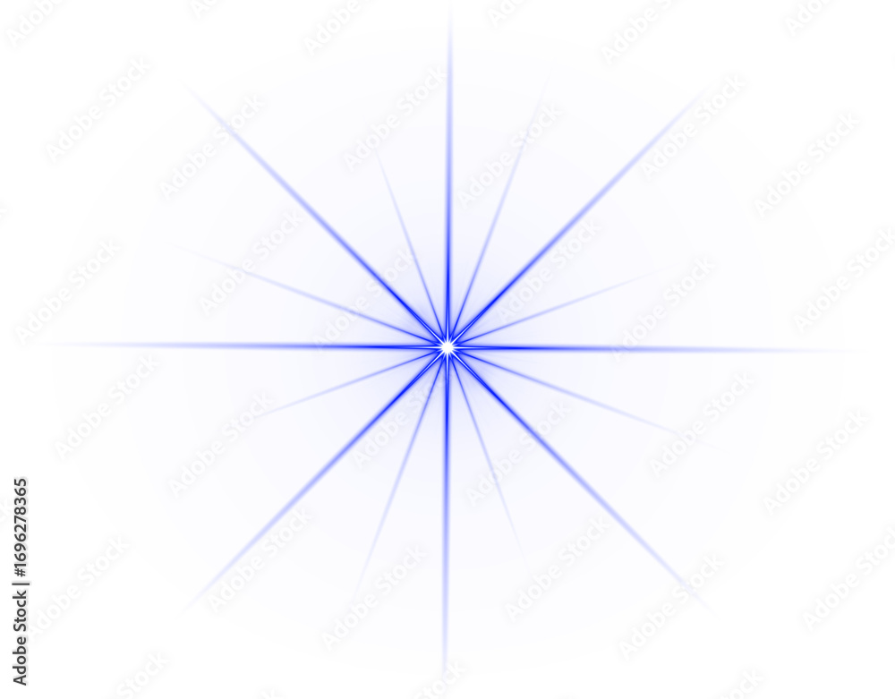 Obraz premium Blue 16-point sparkle light burst effect isolated on transparent background – Glowing starburst flare, Radiant blue shine explosion, Bright flare rays, Magical sparkle overlay, Light explosion