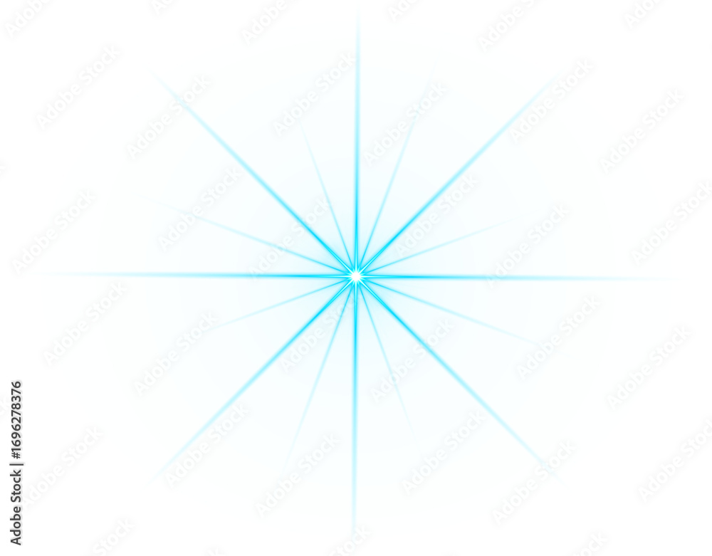Obraz premium Light blue 16-point sparkle light burst effect isolated on transparent background – Bright glowing starburst flare, Radiant soft blue shine, Symmetrical light rays, Sparkle explosion, Lens flare