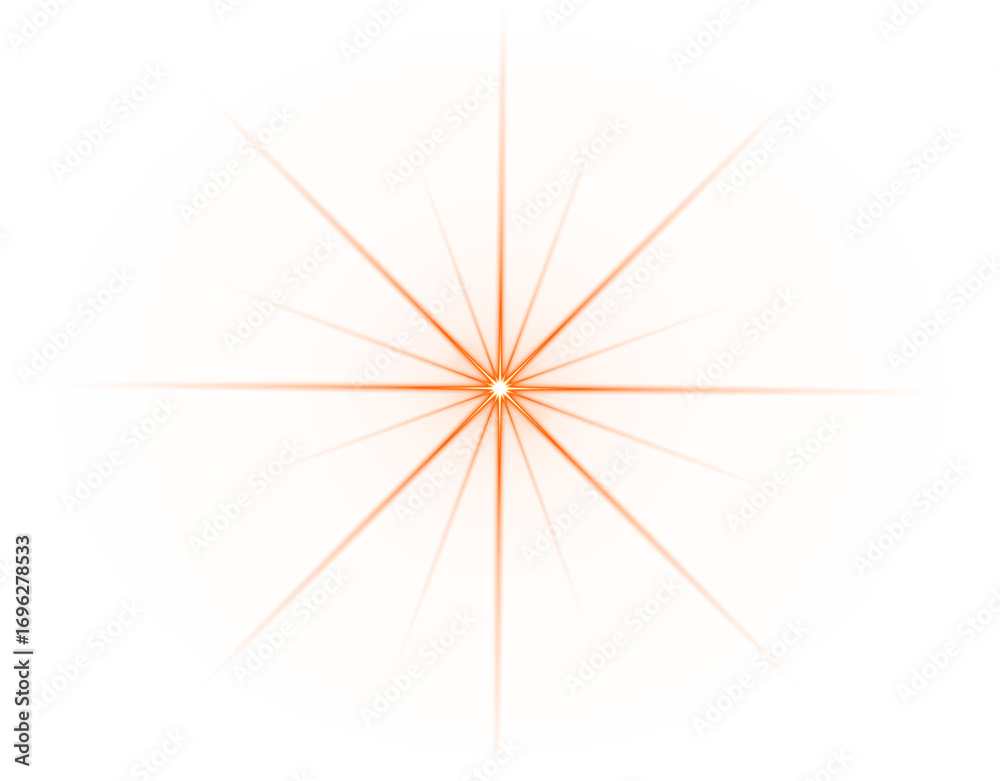 Obraz premium Orange 16-point sparkle light burst effect isolated on transparent background – Bright glowing starburst flare, Radiant orange shine, Symmetrical light rays, Soft sparkle explosion, Lens flare effect