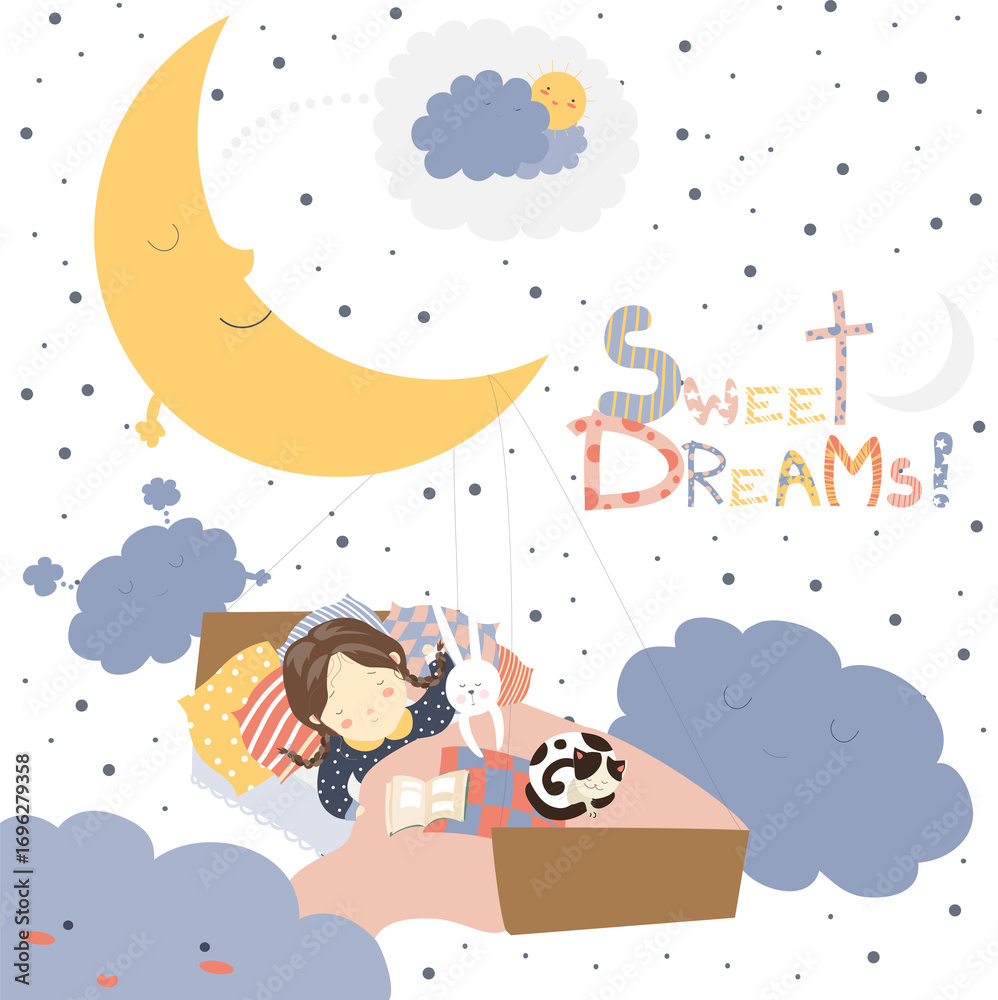 Fototapeta premium Little girl sleeping with cat. vector illustration