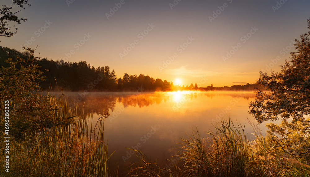 Fototapeta premium Tranquil Lakeshore Scene At Golden Sunrise With Glow Of Soft Light
