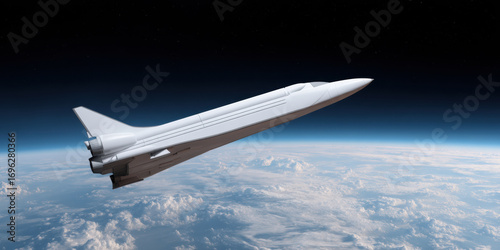  sleek spacecraft soars above Earth, showcasing a breathtaking view of clouds and the vastness of space.