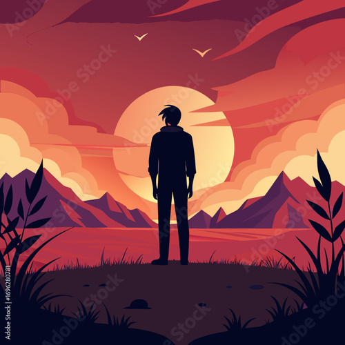 Solitary Figure Overlooking Sunset Mountain Lake