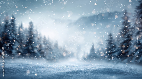 Fototapeta Naklejka Na Ścianę i Meble -  Abstract background with snow and falling snowflakes. Winter landscape with beautiful white fluffy snow