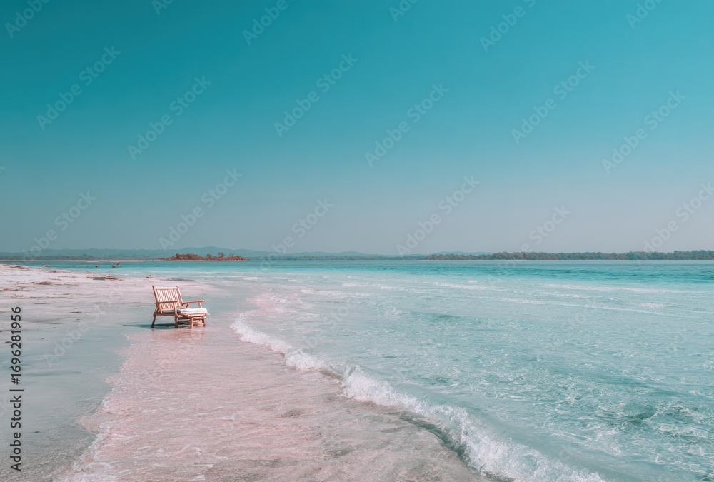 Fototapeta premium Serene seascape featuring a wicker chair and book on a pale sand beach where light waves gently meet the shore under a clear azure sky