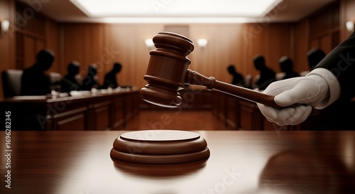 Judge holding a wooden gavel ready to strike in a courtroom.