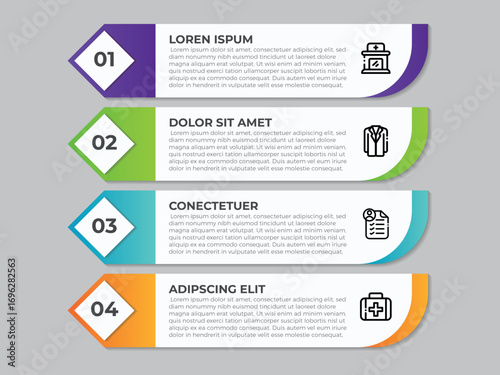 Concept of arrow business model with 4 successive steps. Six colorful graphic elements. Timeline design for brochure, presentation. Infographic design layout