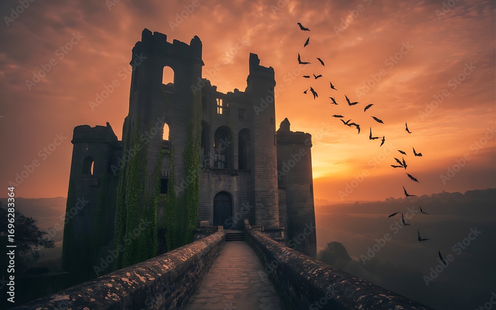 Obraz premium Castle ruin at orange sunset