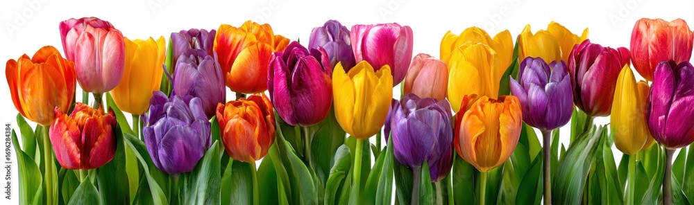 Fototapeta premium Vivid tulips bloom, showcasing colors like orange, yellow, purple, and pink against a clean, bright, white background