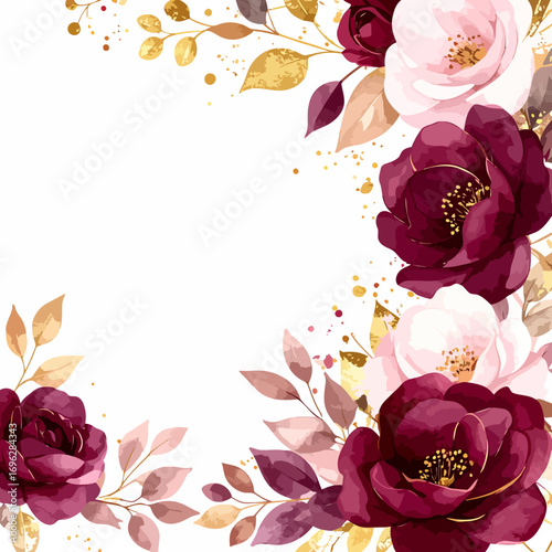 watercolor burgundy and blush roses gold leaves.