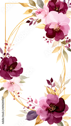 Elegant floral frame with burgundy and pink flowers and gold geometric accent.