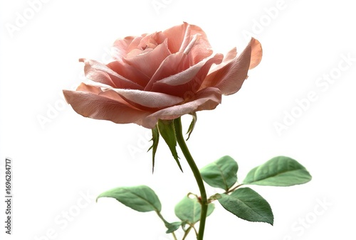 Delicate dusty rose bloom with green leaves against a white background, captured in soft light