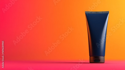 Dark blue tube package stands against a vibrant gradient background of red, orange, and yellow