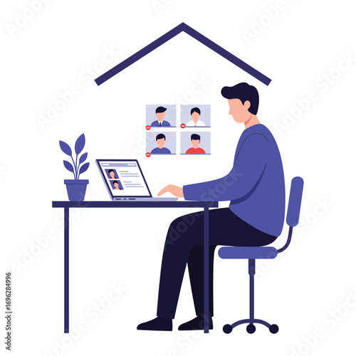 Vector art of man working from home on laptop with video conference call on screen, remote work concept