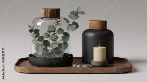 Still life of plants in a jar, a candle, and decorative stones on a wooden tray against a neutral background