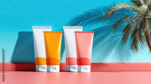 Four blank tubes in vibrant hues stand on a pink ledge, silhouetted palm fronds dancing on the blue background
