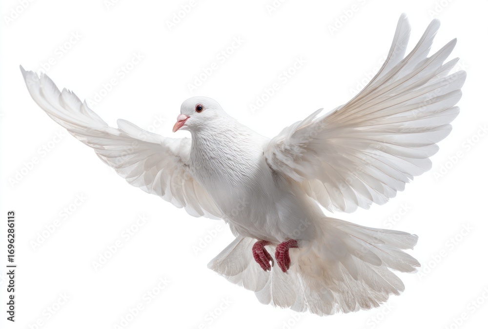 Obraz premium A pure white dove soars, wings gracefully spread wide against a bright, clean background