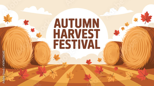 An illustrative banner for an Autumn Harvest Festival event, showcasing hay bales in a rural field with falling leaves. Vector graphic design.
