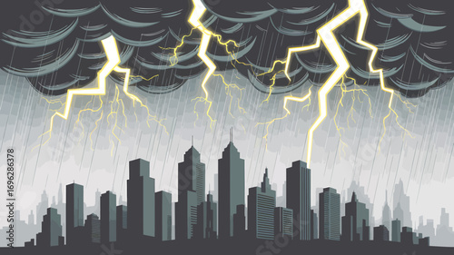 A dramatic vector illustration of a powerful thunderstorm with lightning bolts striking over a dark city skyline.