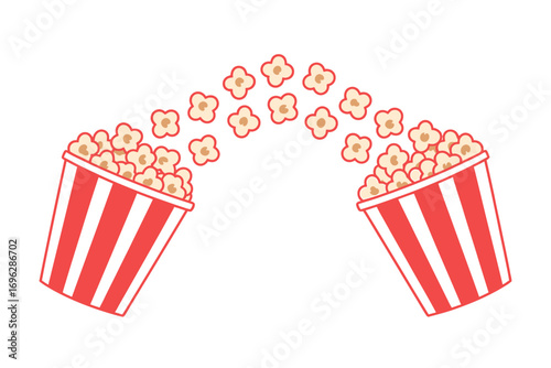 A simple cartoon illustration of two red and white striped popcorn buckets with kernels flying in an arc between them