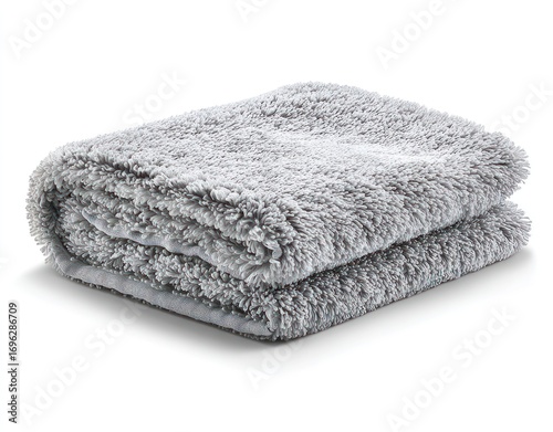 Soft, folded gray microfiber towel, slightly blurred, casting a subtle shadow on a white surface