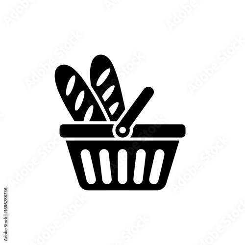 Simple Black and White Graphic Illustration of a Shopping Basket Filled with Two Baguettes
