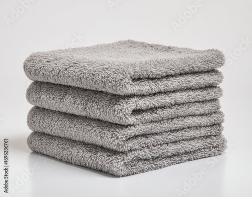 Stack of four fluffy, gray towels, neatly arranged on a clean, bright white surface with soft shadows