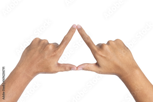 male hands showing triangle shape gesture isolated on white background. transparent png