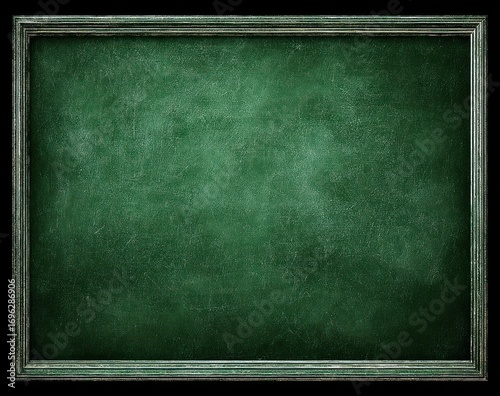 Green chalkboard with a textured surface, framed in dark wood against a stark black background