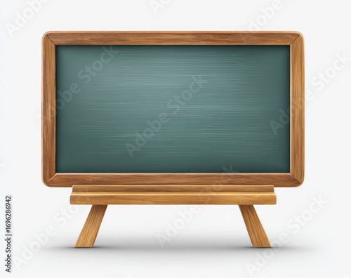 A vector image of a blank green chalkboard with wooden frame and stand against a white background, casting a soft shadow