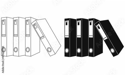 Vector illustration of office file binders in outline and solid black style, showing standing and leaning folders. Useful for business, archive, document icons