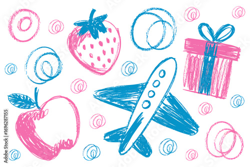 A vibrant collection of children's crayon doodles including an airplane, strawberry, apple, and gift box.