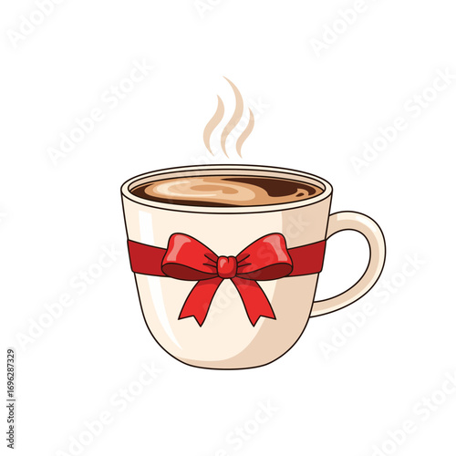 A charming illustration of a steaming mug of hot coffee or cocoa, beautifully wrapped with a red ribbon bow as a thoughtful gift for a special occasion